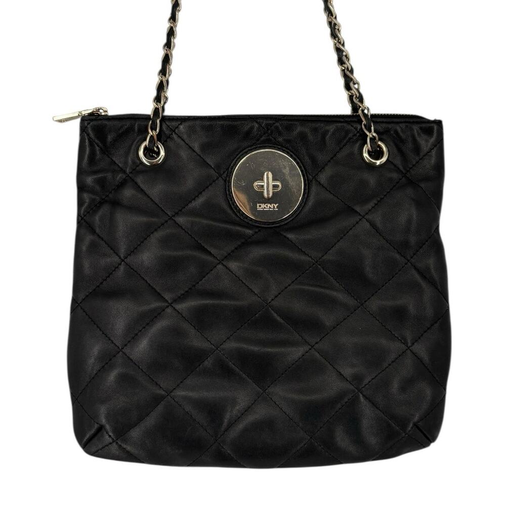 DKNY Quilted Leather Purse Black Gold Chain Crossbody‎ Designer Adjustable